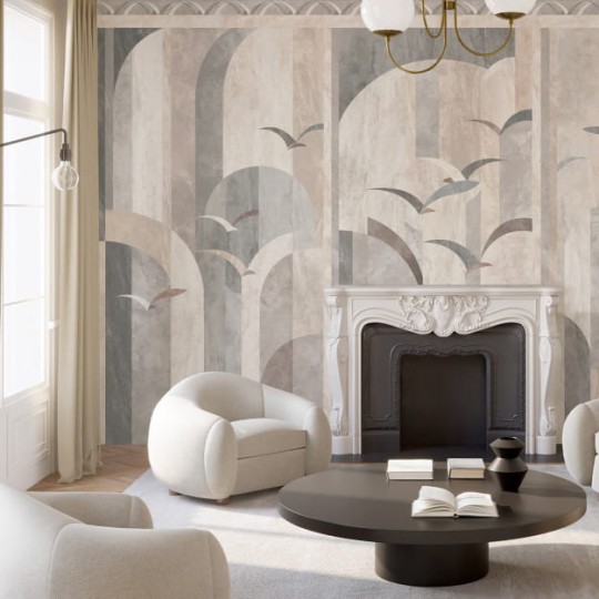 Les Dominotiers DOM4008 Art Deco Garigliano Mineral - mural w ptaki w geometrycznym stylu