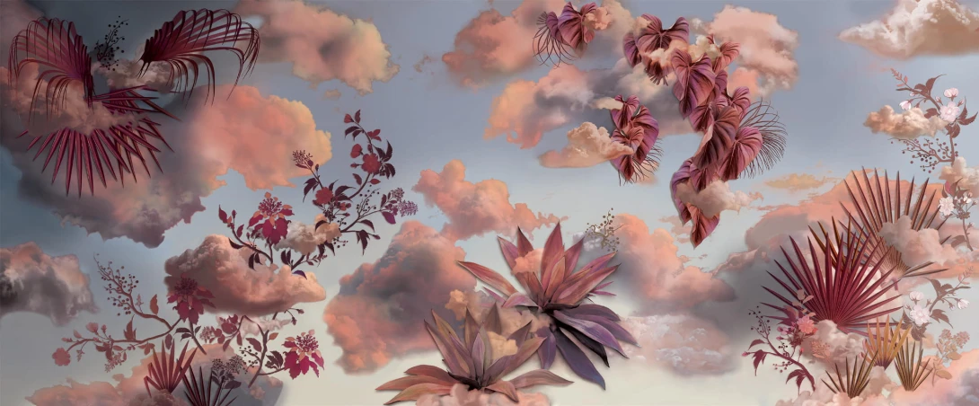 Yo2 HG1.01.2 SH Heaven Green - mural z chmurami i zielonymi liśćmi