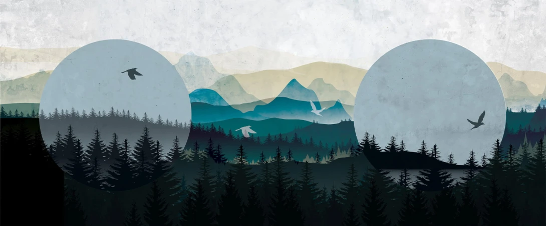 Yo2 ST1.07.2 ES / GL Set Traits - mural z górami, lasem i ptakami