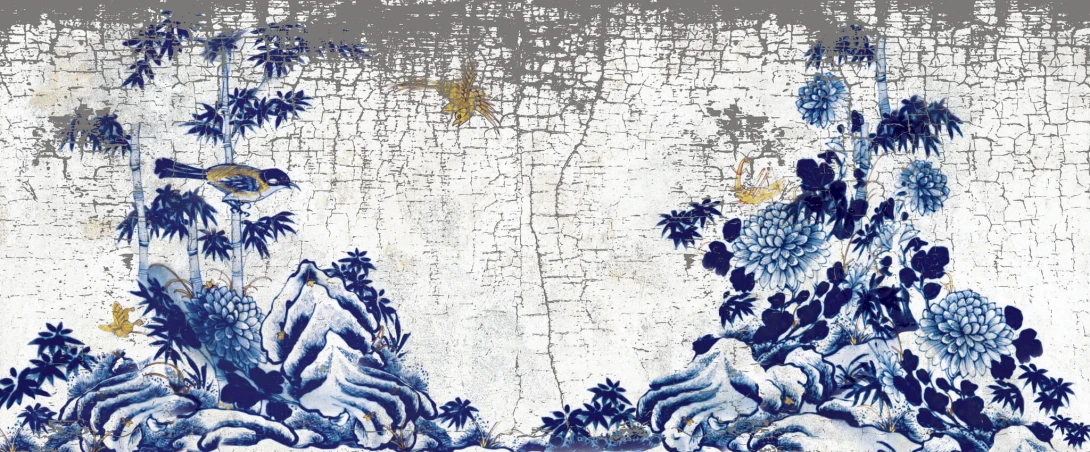 Yo2 KI1.01 IS Kintsukuroi - mural z ptakami, pagórkami i kwiatami na betonowym tle
