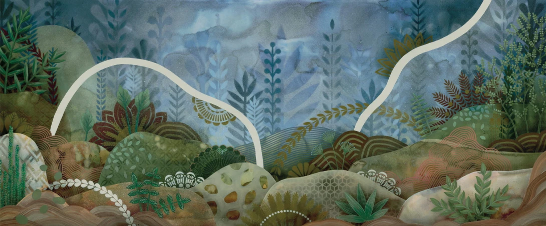 Yo2 BE1.01.1 GL Briny Deep - mural z motywem egzotycznych roślin, pagórków i ornamentów
