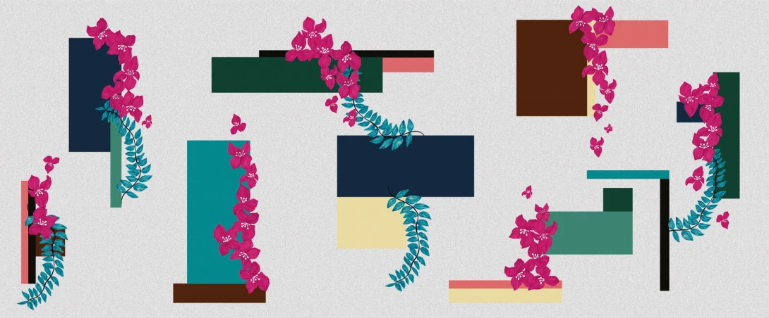 Yo2 MB1.01.1 FF Modernist Bougainvillaea - mural geometryczny z kwiatami i liśćmi