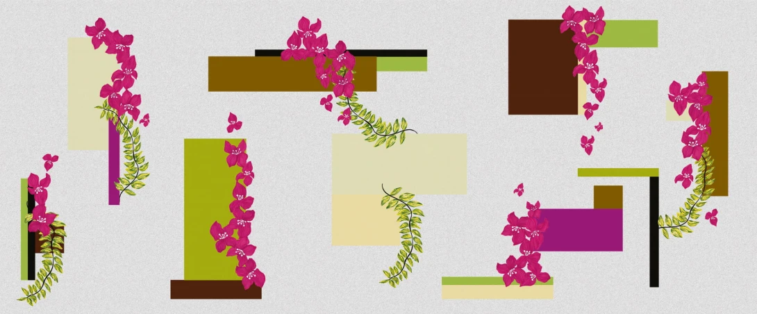 Yo2 MB1.01.2 FF Modernist Bougainvillaea - mural geometryczny z kwiatami i liśćmi