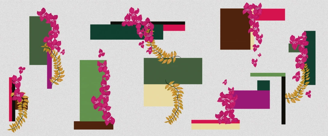 Yo2 MB1.01.3 FF Modernist Bougainvillaea - mural geometryczny z kwiatami i liśćmi