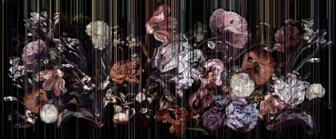 Yo2 LF1.01.2 GL Life Is A Flower - kwiecisty mural w pionowe prążki na czarnym tle