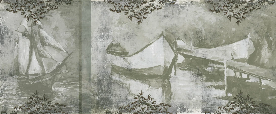 Yo2 OA1.10 FF Offbeat Antiques - renesansowy mural z łodziami z elementami leśnymi