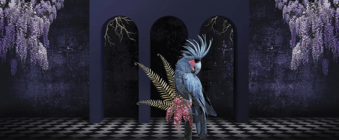 Yo2 FA1.01.1 FF/GL Fantasmagoria - mural z motywem papugi, łuku i kwiecistych drzew