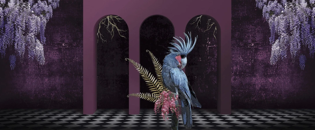 Yo2 FA1.01.2 FF/GL Fantasmagoria - mural z motywem papugi, łuku i kwiecistych drzew