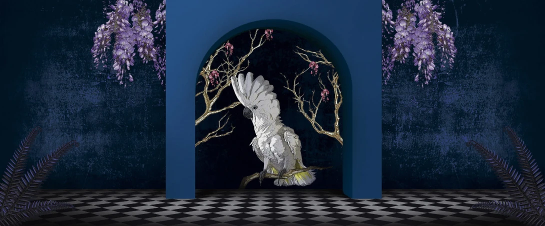 Yo2 FA1.02.2 FF/GL Fantasmagoria - mural z motywem papugi, łuku i kwiecistych drzew