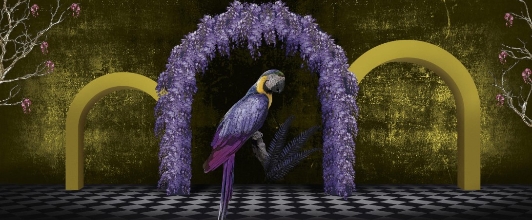 Yo2 FA1.03.1 FF/GL Fantasmagoria - mural z motywem papugi, łuku i kwiecistych drzew