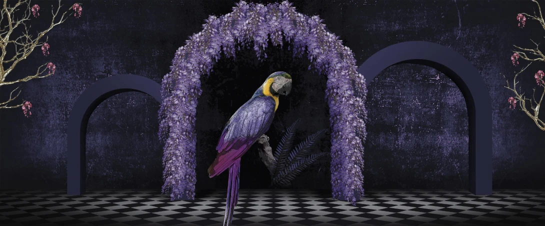 Yo2 FA1.03.2 FF/GL Fantasmagoria - mural z motywem papugi, łuku i kwiecistych drzew