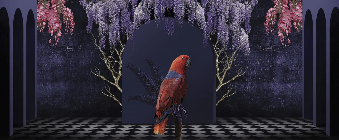 Yo2 FA1.04.1 FF/GL Fantasmagoria - mural z motywem papugi, łuku i kwiecistych drzew