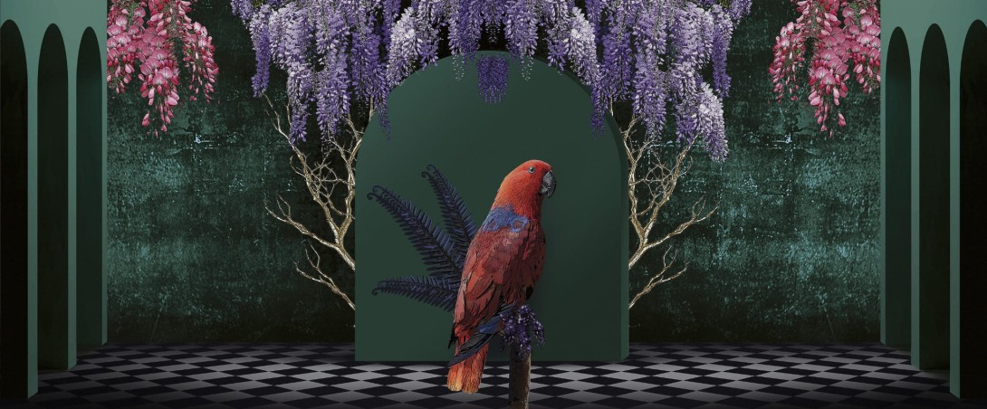 Yo2 FA1.04.2 FF/GL Fantasmagoria - mural z motywem papugi, łuku i kwiecistych drzew