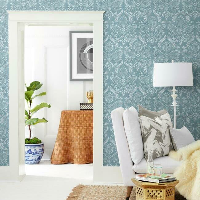York BO6733 Antonina Vella Boho Luxe Laurel Damask Blue - tapeta w roślinne ornamenty