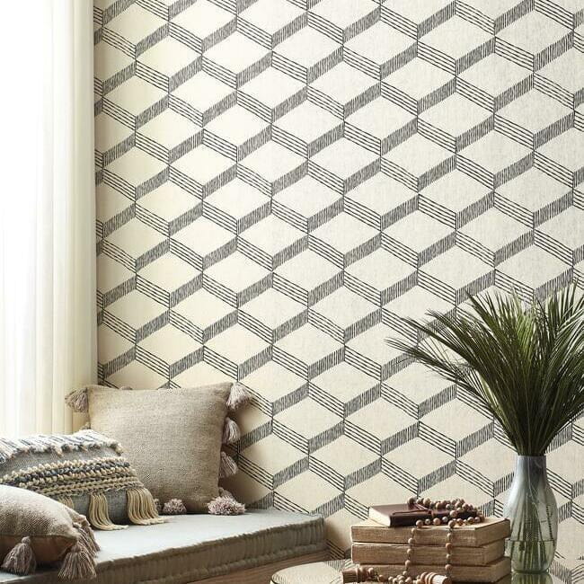 York BO6721 Antonina Vella Boho Luxe Palisades Paperweave Beige/Black - tapeta geometryczna trójwymiarowa