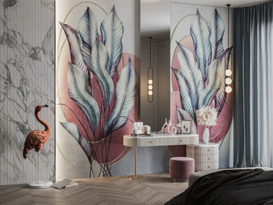 Wallcraft 845 32 2401 2024 Devi - mural w duże liście ze złotymi akcentami