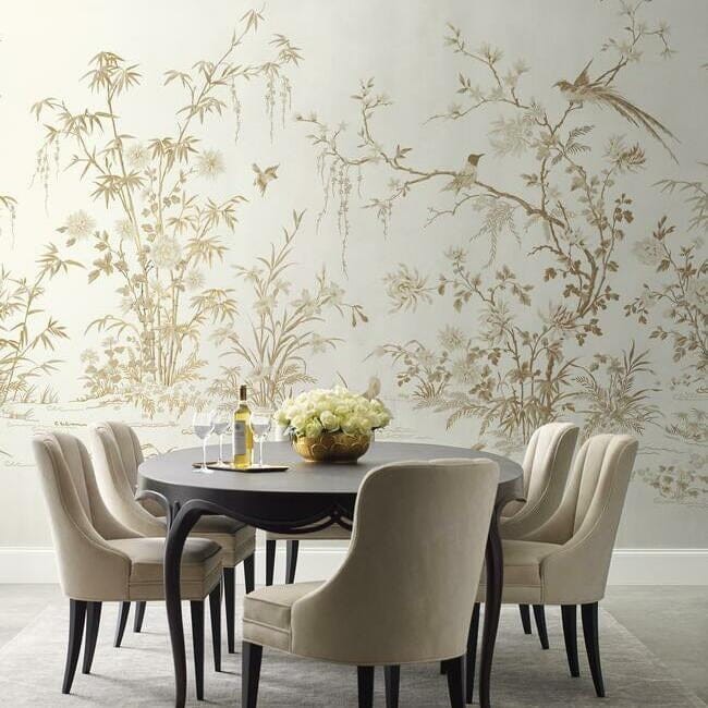 York KT2262M Ronald Redding 24 Karat Flowering Vine Chinoiserie White - mural w drzewa i ptaki w stylu chinoiserie