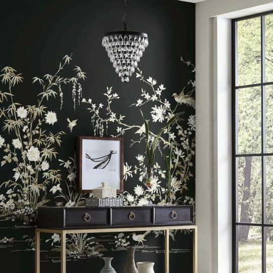 York KT2264M Ronald Redding 24 Karat Flowering Vine Chinoiserie Black - mural w drzewa i ptaki w stylu chinoiserie