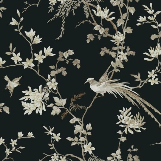 York KT2173 Ronald Redding 24 Karat Bird And Blossom Chinoserie Black - tapeta w kwiaty i ptaki w stylu chinoiserie