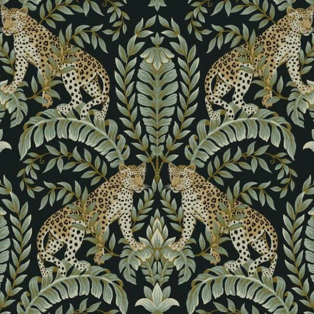 York KT2205 Ronald Redding 24 Karat Jungle Leopard Black/Green - tapeta w lamparty i egzotyczną roślinność