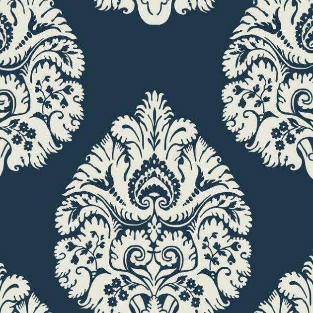 York KT2143 Ronald Redding 24 Karat Teardrop Damask Navy - tapeta w roślinne ornamenty