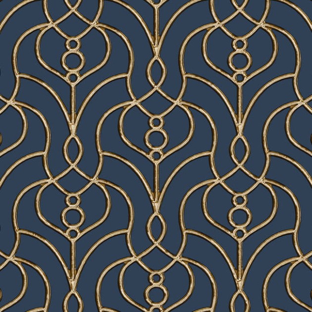 York EV3946 Candice Olson Casual Elegance Divine Trellis Navy - tapeta imitująca metalową bramę z motywem roślinnym