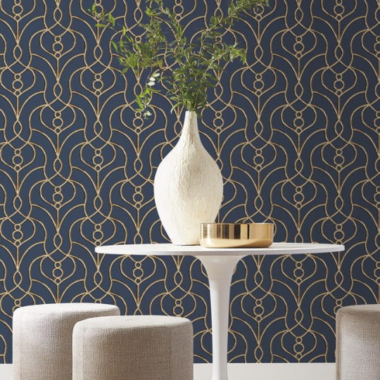 York EV3946 Candice Olson Casual Elegance Divine Trellis Navy - tapeta imitująca metalową bramę z motywem roślinnym