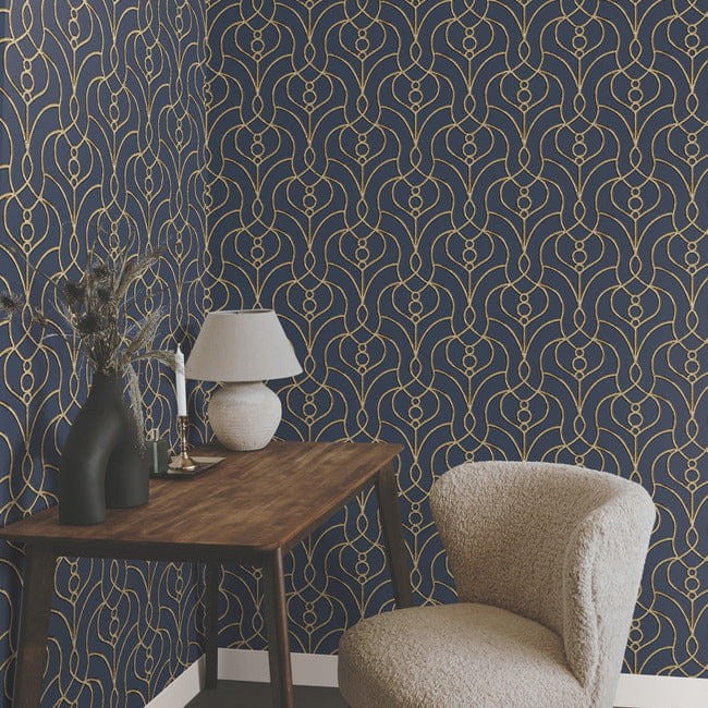 York EV3946 Candice Olson Casual Elegance Divine Trellis Navy - tapeta imitująca metalową bramę z motywem roślinnym