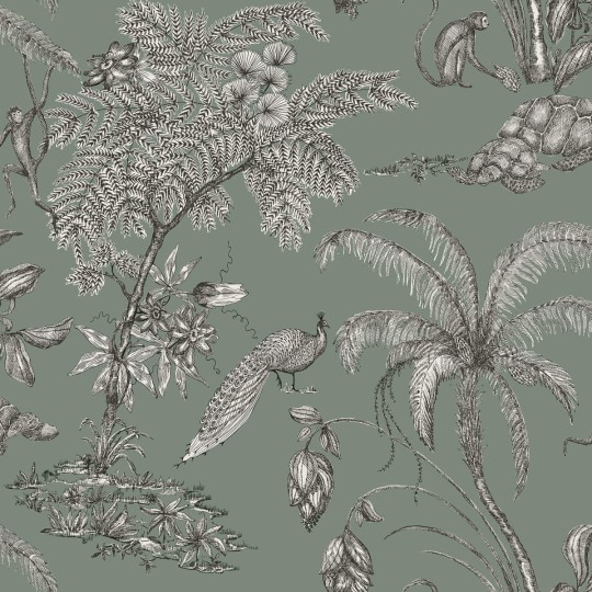 Sandberg 240-68 Palm Garden Moa Juniper - tapeta egzotyczna z roślinami i zwierzętami
