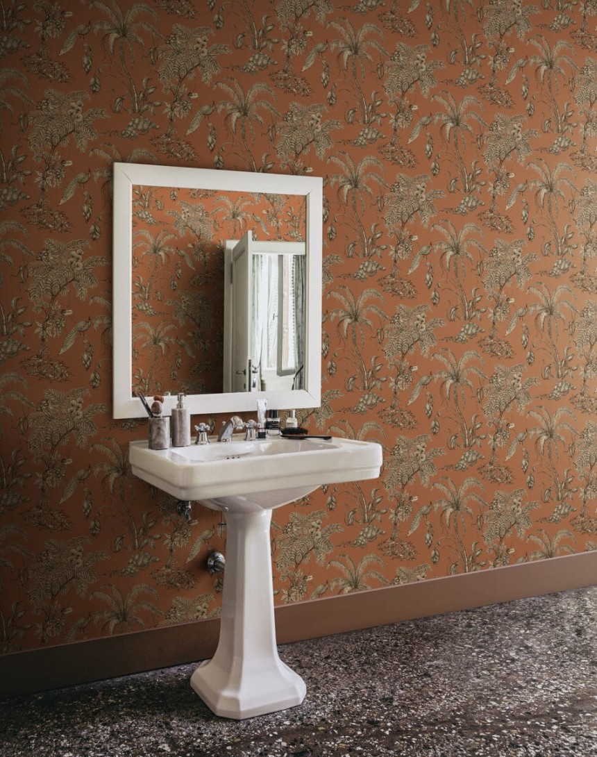 Sandberg S10432 Palm Garden Moa Terracotta - tapeta egzotyczna z roślinami i zwierzętami