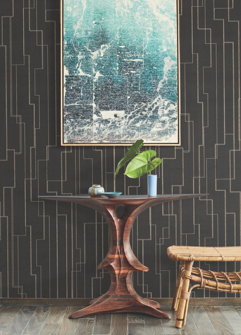 York GV0256 Ronald Redding Grasscloth & Natural Resource Inlay Line Black - tapeta w metaliczne linie na tle imitującym drewno