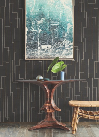 York GV0256 Ronald Redding Grasscloth & Natural Resource Inlay Line Black - tapeta w metaliczne linie na tle imitującym drewno