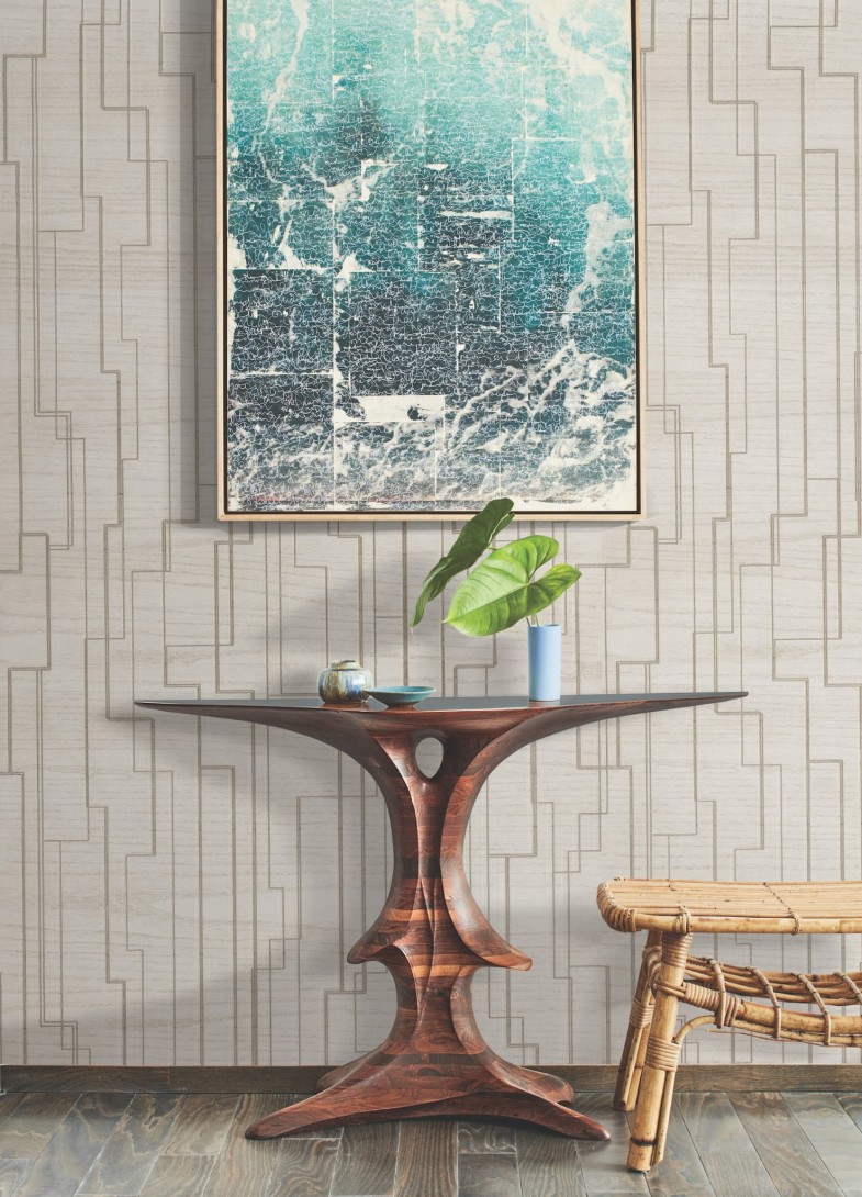 York GV0257 Ronald Redding Grasscloth & Natural Resource Inlay Line White - tapeta w metaliczne linie na tle imitującym drewno