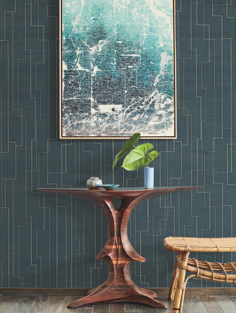 York GV0258 Ronald Redding Grasscloth & Natural Resource Inlay Line Peacock - tapeta w metaliczne linie na tle imitującym drewno