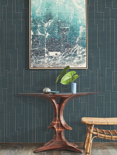 York GV0258 Ronald Redding Grasscloth & Natural Resource Inlay Line Peacock - tapeta w metaliczne linie na tle imitującym drewno