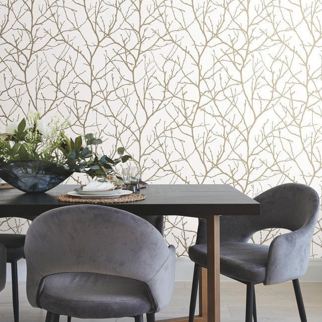 York MD7126 Antonina Vella Modern Metals Second Edition Trees Silhouette White/Gold - tapeta w gałęzie