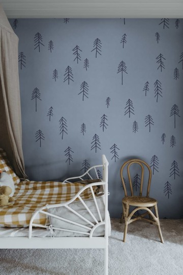 Rebel Walls R20635 Fine Little Day Tall Blue - mural w skandynawskie rysunki choinek