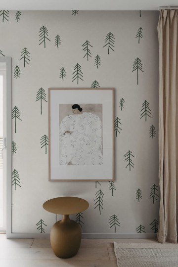 Rebel Walls R20637 Fine Little Day Tall Green - mural w skandynawskie rysunki choinek
