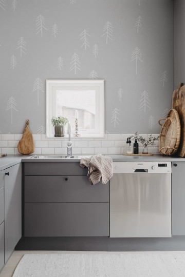 Rebel Walls R20638 Fine Little Day Tall Gray - mural w skandynawskie rysunki choinek
