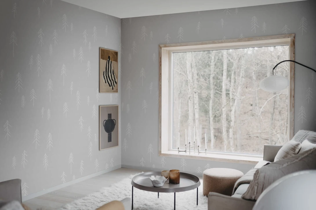Rebel Walls R20638 Fine Little Day Tall Gray - mural w skandynawskie rysunki choinek