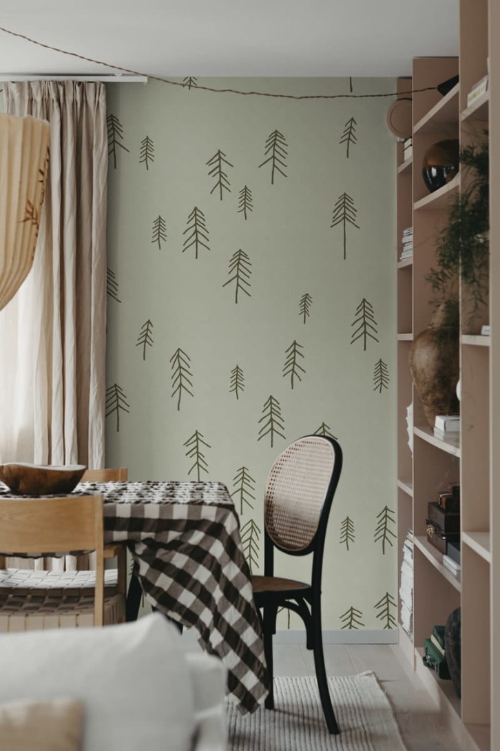 Rebel Walls R20639 Fine Little Day Tall Lightgreen - mural w skandynawskie rysunki choinek