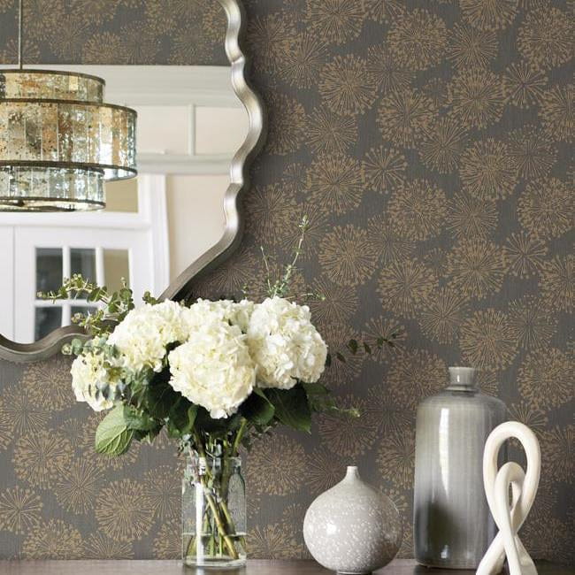 York NA0582 Candice Olson Botanical Dreams Grandeur Charcoal/Gold - tapeta roślinna w minimalistyczne dmuchawce