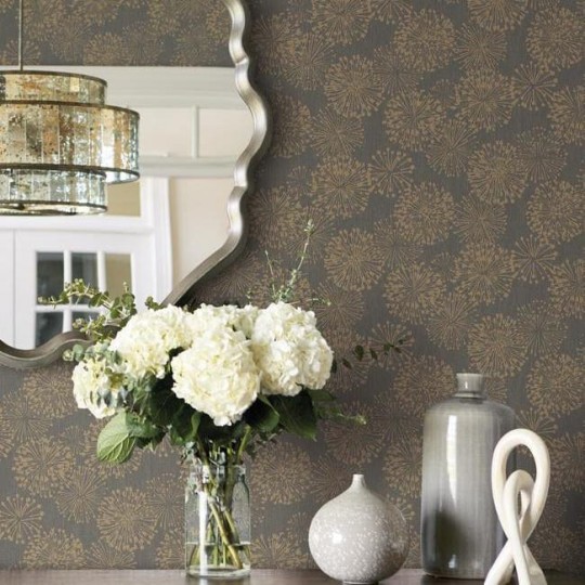 York NA0582 Candice Olson Botanical Dreams Grandeur Charcoal/Gold - tapeta roślinna w minimalistyczne dmuchawce