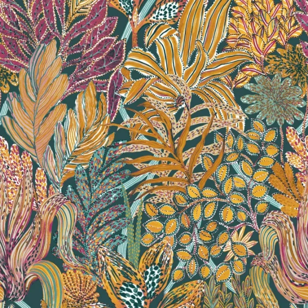 Casamance 74320936 Jardin Felicia Borrommee Petrole - tapeta roślinna