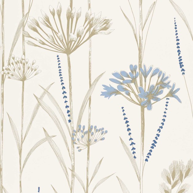 Harlequin 110557 Idyllic Gardinium Chalk/Wedgwood/Gold - tapeta w roślinny motyw z metalicznymi akcentami