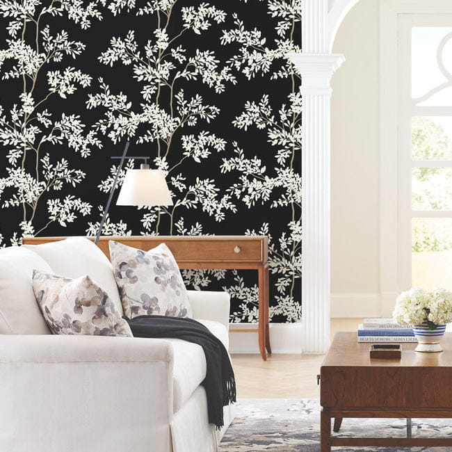 York BL1804 Blooms Second Edition Resource Library Lunaria Silhouette Black/White - tapeta w liście