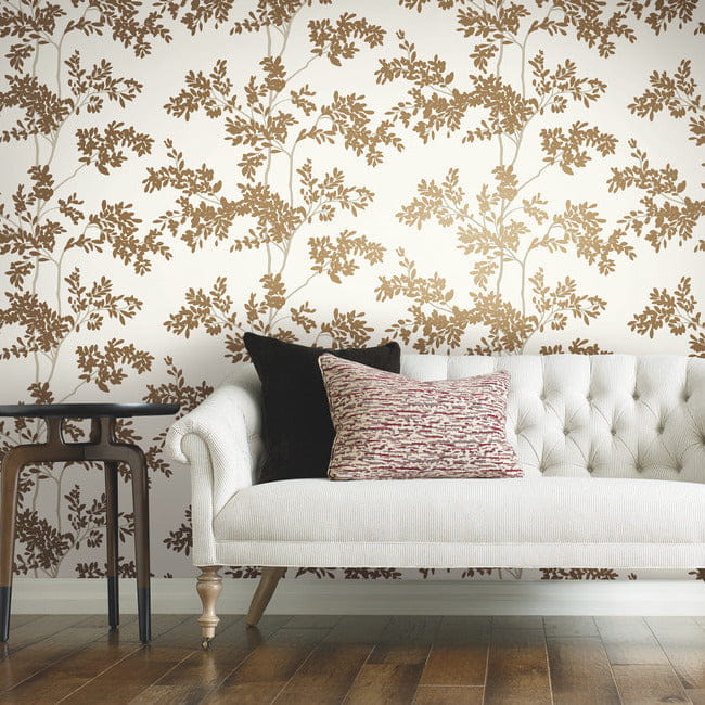 York BL1806 Blooms Second Edition Resource Library Lunaria Silhouette White/Gold - tapeta w liście