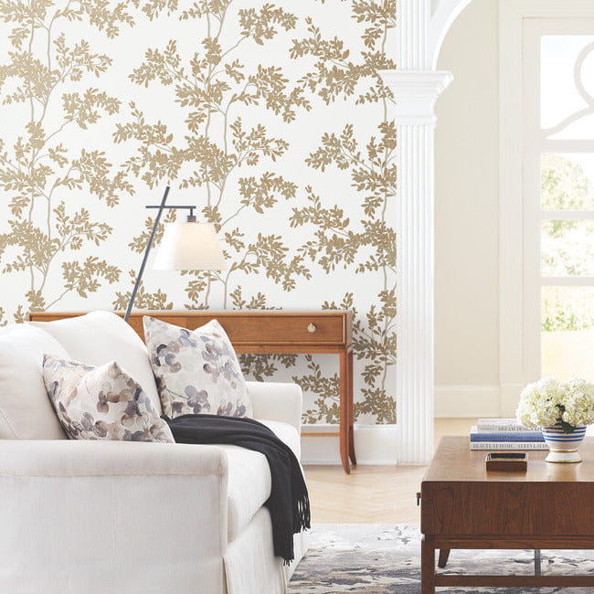 York BL1806 Blooms Second Edition Resource Library Lunaria Silhouette White/Gold - tapeta w liście