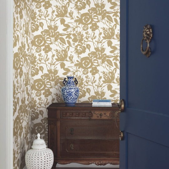 York BL1732 Blooms Second Edition Resource Library Brushstroke Floral Gold - tapeta w kwiaty