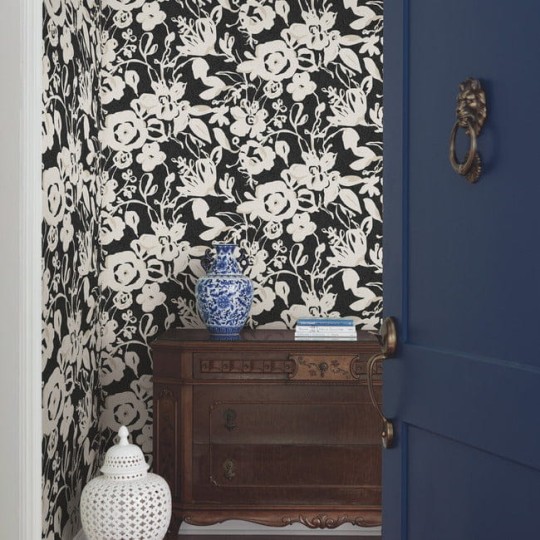 York BL1733 Blooms Second Edition Resource Library Brushstroke Floral Black - tapeta w kwiaty